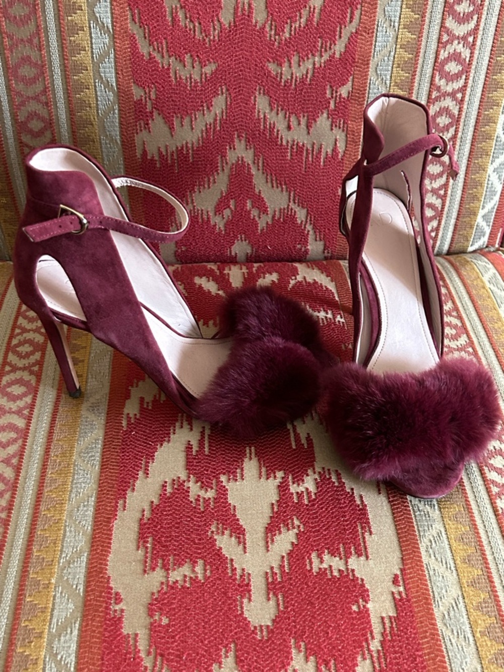 Vero Cuoio Burgundy Suede Heels with Fur Pom Detail
